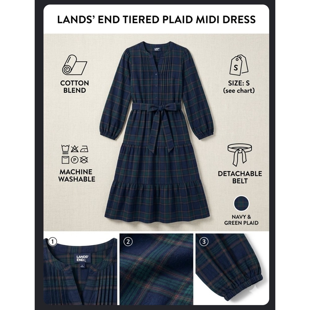 Cottagecore Lands End Tiered Plaid Midi Dress Navy Green XL Long Sleeve Belted